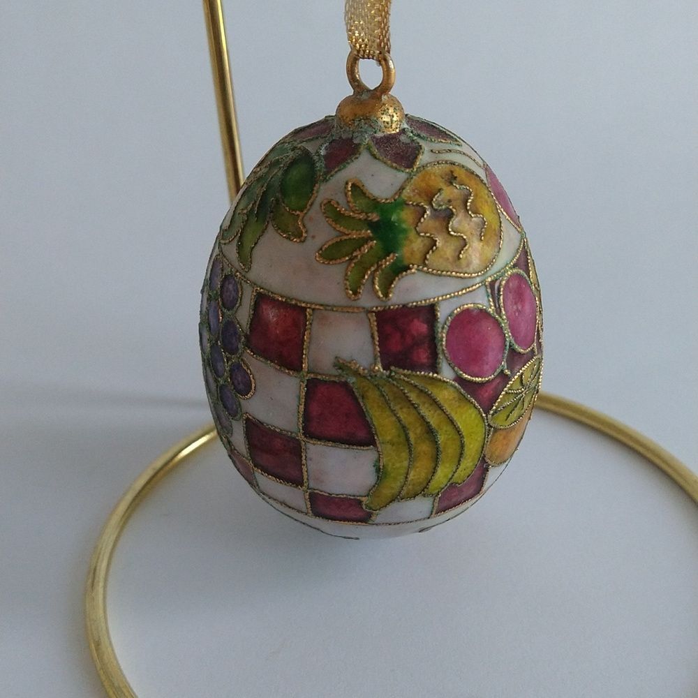 Vintage Cloisonne Enamel Egg Ornament Fruits Metal